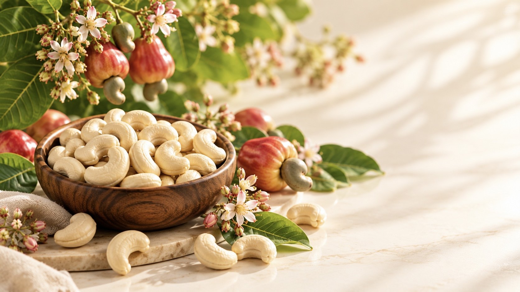 Cashew tree with flowers and cashew apples